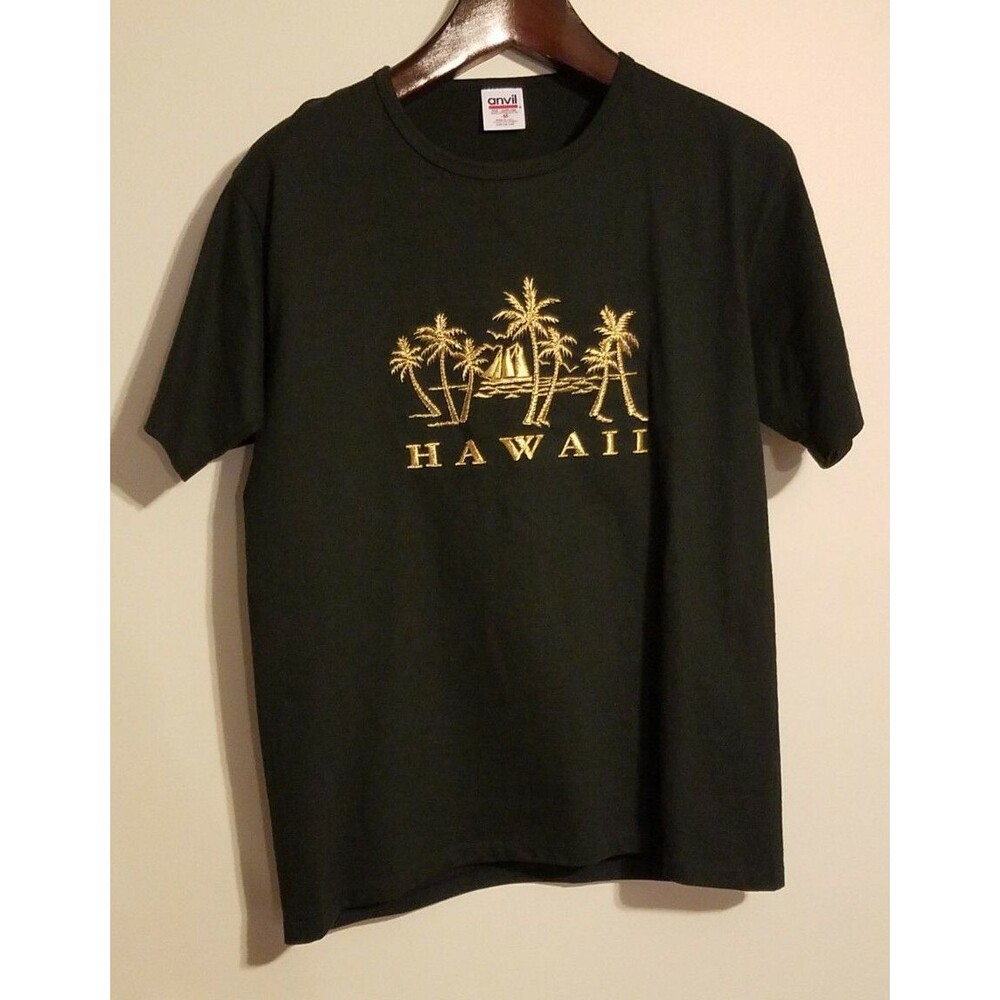 Embroidered Hawaii T Shirt, Womens Medium Vintage gold thread. ANVIL made in USA